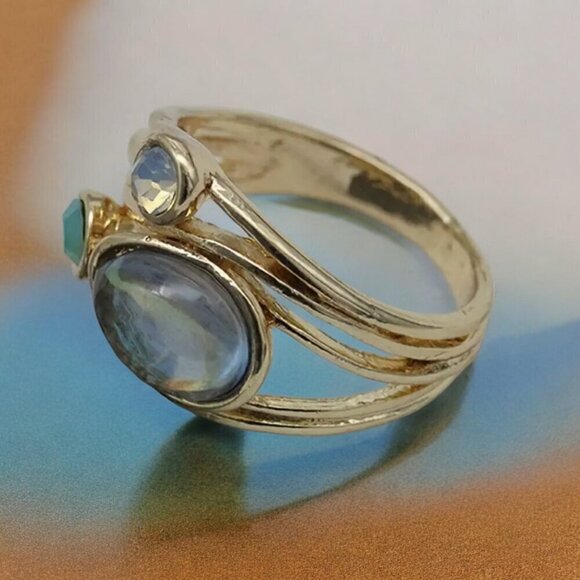 Turquoise Synthetic Three-Stone Ring, Gold Plated, Wide Statement Ring - Picture 2 of 8